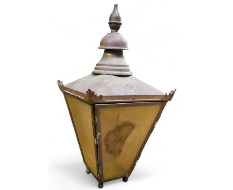 An early 20th century copper street lantern, W Windsor No 287 Hoddesden Herts, bud finial, ball feet, 82cm high