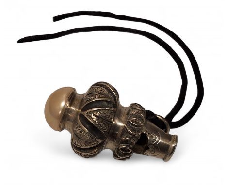 A 19th century silver whistle, in relief with stiff leaves, 'pearl' terminal, 4.5cm long, c.1820