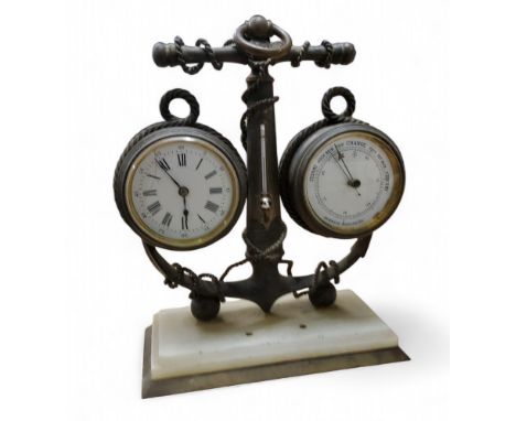 A Victorian novelty desk compendium in the form of an anchor, drum cased clock and barometer, clock movement stamped 795, whi