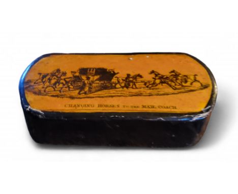 A 19th century papier mache snuff box, the hinged cover transfer printed with a titled scene, Changing Horses to the Mail Coa