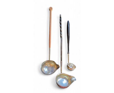 A George III silver toddy ladle, wrythen handle, 31cm long, London 1800;  another, smaller, ebonised handle, 22cm long, Londo