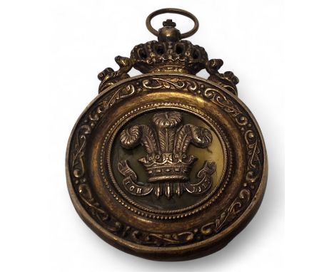 A 19th century gilt silver coloured metal pendant, applied with Prince of Wales feathers, mother of pearl to verso, 7.5cm ove