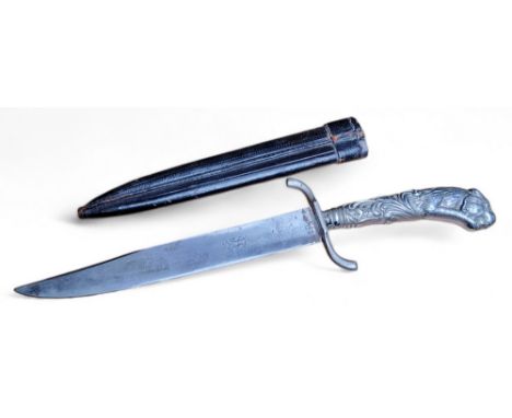 A 19th century hunting knife, silver plated lion mask handle, the blade embossed 'HS', leather scabbard, 31cm long