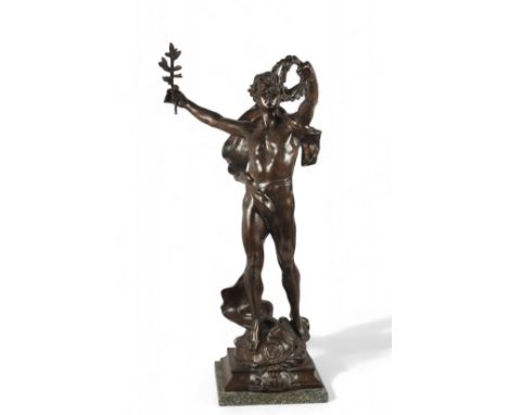 Louis Auguste Moreau (1855 -1919), 'Le Triomphe', large patinated brown bronze depicting a classical figure holding a laurel 