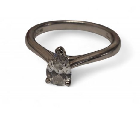 A platinum and diamond solitaire ring, claw set brilliant cut pear shaped diamond, 7.1 x 4.52 x 2.68mm, 0.5ct, E colour, SI1,
