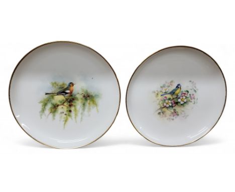 A pair of Royal Worcester circular plates,&nbsp; painted&nbsp;by W. Powell, signed with Bluetit and and Chaffinch, gilt denti