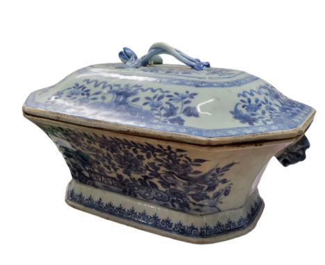A Chinese blue and white export porcelain canted rectangular tureen and cover, painted with fence, peonies, scrolling foliage