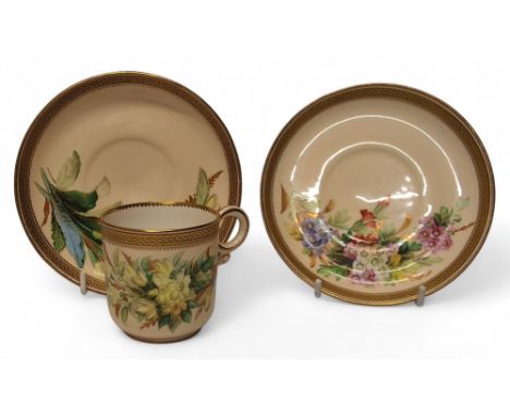 A pair of&nbsp; Royal Worcester coffee cups and saucers,&nbsp; painted&nbsp; by&nbsp;David Bates, with flowers, tooled gilt b