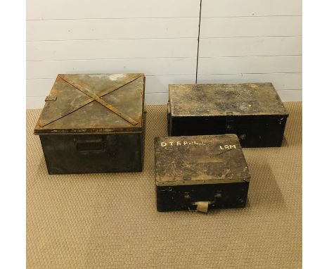 Two metal ammunition boxes and a wooden army tool box 