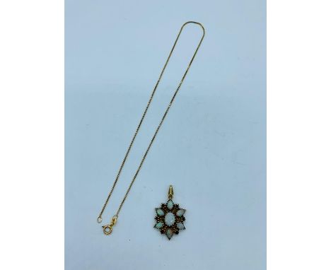 A Fire Opal pendant on a 9ct gold chain.