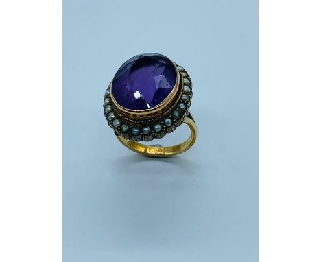 A Victorian Amethyst and seed Pearl ring on new 9ct yellow gold mount.