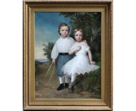 AMERICAN PRIMITIVE OIL ON CANVAS, H 53", W 40",  PORTRAIT OF YOUNG BOY AND GIRL: Framed. Circa  1830.