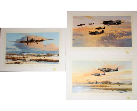 ROBERT TAYLOR, WWII AVIATION COLOR LITHOGRAPHS,  C1990, 3 PCS, H 19", W 28" - 30", "IN GALLANT  COMPANY", HOME AT DUSK", ETC.