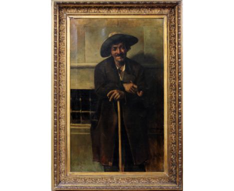 N. PERINI, ITALIAN OIL ON CANVAS, 19TH C., H  49", W 30", OLD MAN WITH PIPE & CANE: Signed  lower left and marked "Roma"; gil