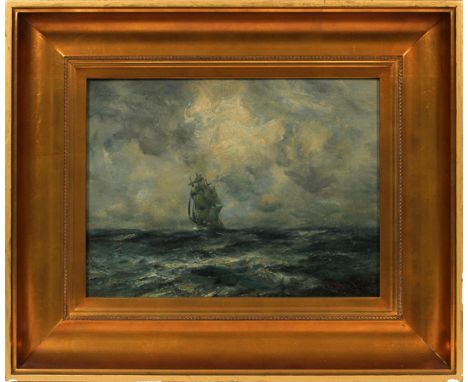 ROBERT HOPKIN, OIL ON CANVAS, H 12", W 16",  SEASCAPE WITH SAILING SHIP: Signed in the lower  right. Depicts a seascape with 