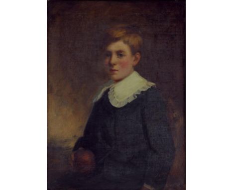 ENGLISH SCHOOL EARLY 20TH CENTURY - PORTRAIT OF A YOUNG BOY HOLDING A RED BALL, HALF LENGTH, INDISTINCTLY SIGNED, OIL ON CANV