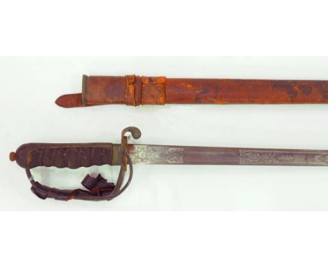 A GEORGE V ROYAL ARTILLERY OFFICER'S SWORD BY HAWKSWORTH, SHEFFIELD WITH ETCHED BLADE AND LEATHER COVERED SERVICE SCABBARD  