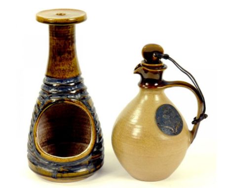 A POOLE STONEWARE LAMP OF BOTTLE SHAPE AND A POOLE WHISKY JUG AND STOPPER, 1970'S