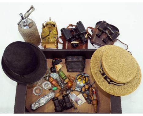 A STRAW BOATER, A BOWLER HAT, TWO PAIRS OF VINTAGE BINOCULARS IN LEATHER CASES, FIELD GLASSES, OPERA GLASSES, VINTAGE AA RADI