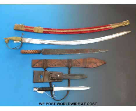 A Swiss 1957 pattern bayonet in scabbard with markings, an Eastern sheathed Sampan and a replica sword in sheath with lion po