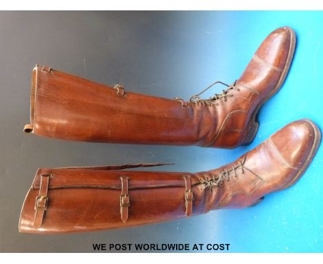 An early 20thC pair of vintage brown leather lace-up and buckled riding boots with "Phillips Special" impressed to heel