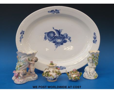 Coalbrookdale & Spode floral encrusted pots, two cornucopia vases probably Moore Bros and a Copenhagen platter. 