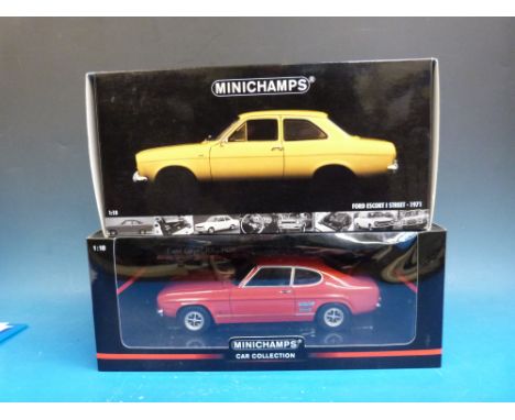 Two Minichamps 1:18 scale diecast model vehicles Ford Escort 1 Street 1971 and Ford Capri RS 1970 (both in original boxes)