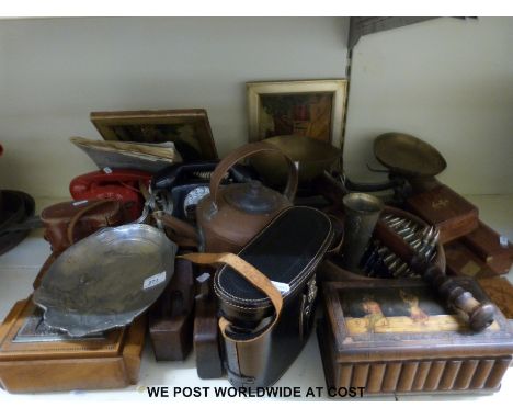 A collection of items to include vintage telephones, planes, scales, Kodak camera, wooden boxes, Sankyo binoculars, C&K Holla