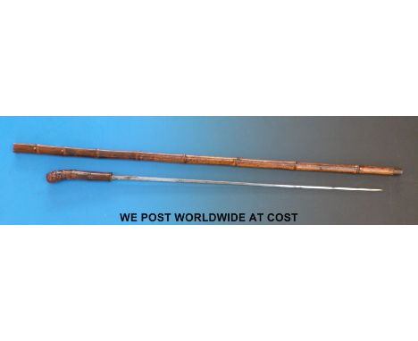 A Solingen sword stick with square blade marked Solingen A05 FWO with bamboo sheath and handle