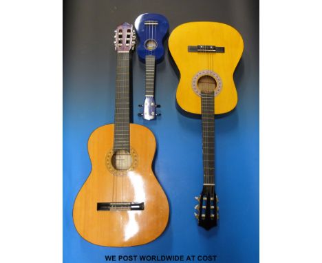 Two nylon stringed acoustic guitars comprising a three-quarter "Chantry", model 2459 and a full sized Hohner, model MC05 toge