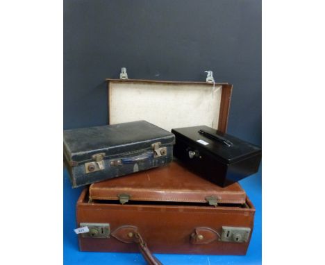 Three vintage leather cases and a metal secure box (19 x42cm)