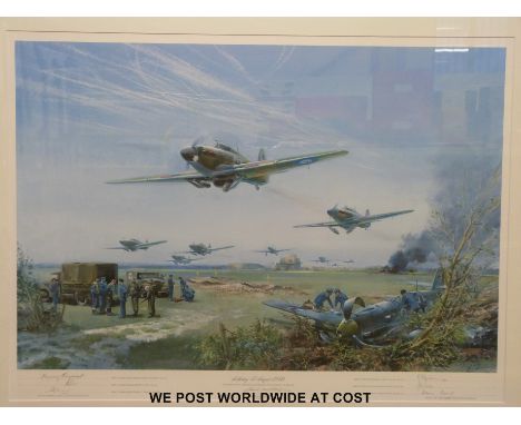 A framed and glazed limited edition 965/1500 Battle of Britain print by Frank Wooton, signed by six pilots: Wing Commander Ch
