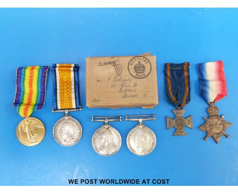A family medal group comprising Queen's South Africa medal awarded to 850 Pte J Hollamby Middlesex Regt, WWI pair awarded to 