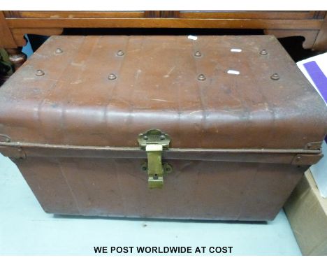 An Atco lawn edge, a two handled saw and a tin trunk