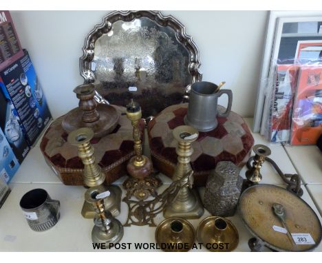 A quantity of brass ware etc to include scales, candlesticks etc, together with a pair of octagonal footstools on brass bun f