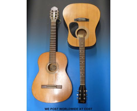 Three steel stringed acoustic guitars including Dulcet, Lorenzo, model 20K and Encore W250, together with a Yamaha F3J0 examp
