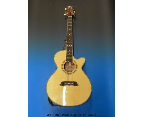 An acoustic/electric six-string Westfield guitar with cutaway body in hard case, model SF677/N.
