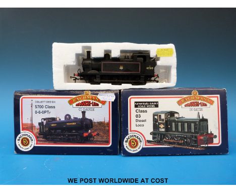 Three Bachmann 00 gauge tank locomotives Class 03 diesel 31-351, Collett 5700 Class 0-6-0 PT 31-901A and 0-6-0 47310, two in 