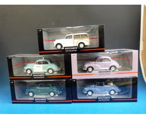 Five Minichamps 1:18 scale diecast model Morris Minors, some limited edition (all in original boxes)