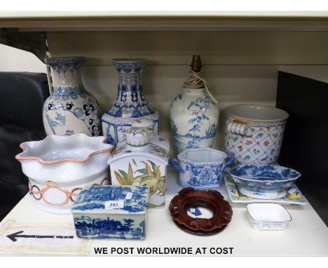 A quantity of decorative blue and white and other ceramics including a tea caddy