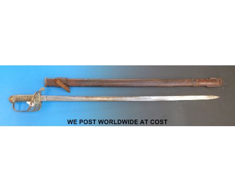 An 1845 pattern infantry officer's sword in leather scabbard, marked Henry Wilkinson, London to blade