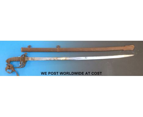 An 1845 pattern infantry officer's sword in scabbard with fold down guard.