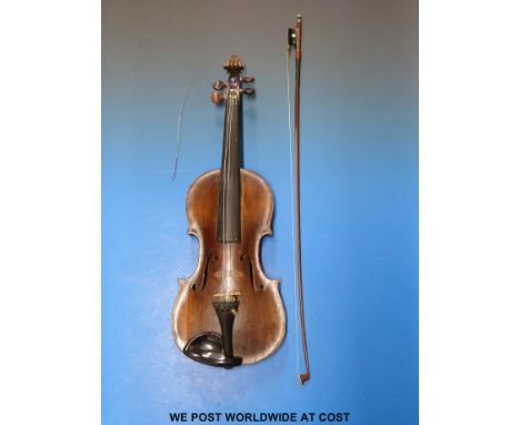 A 19thC violin labelled Nicolo Hieron Amati, inlaid purfling to table, 35.5cm two piece back, cased with bow