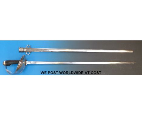 A replica 1908 Wilkinson of Pall Mall pattern cavalry trooper's sword in sheath.