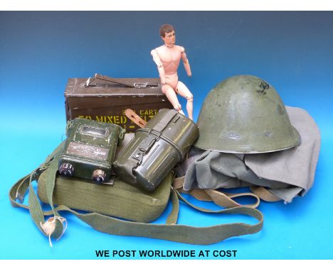 A quantity of military items 1942 onwards but largely post WW2 to include webbing, a water flask, tin helmet, decibel meter, 