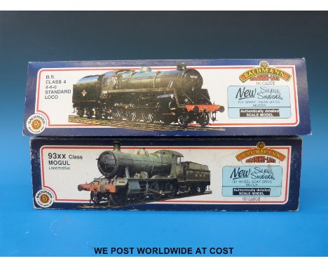 Two Bachmann 00 gauge locomotives and tenders 93XX 7332, British Rail 31-803 and Class 4 4-6-0 standard 75069 31-104, both in