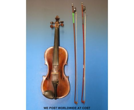 An early to mid 19thC violin labelled Giovanni Crancino Milan, inlaid purfling to table, end pin mount in mother of pearl inl