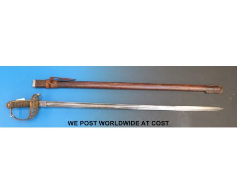 An 1857 pattern Royal Engineer officer's sword in leather scabbard, possibly by Pillin, blade No. 97415?, replacement scabbar