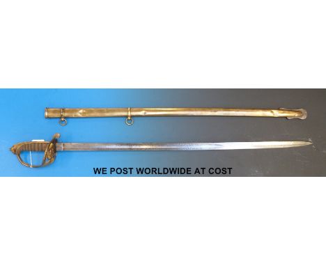 An 1845 pattern infantry officer's sword in brass scabbard by W. Buckmaster, London.