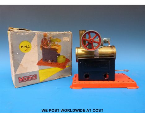 A Mamod MM2 over type live steam engine with cardboard box and vapourising burner 